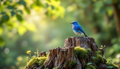 Vibrant Bluebird Perched on a Forest Stump