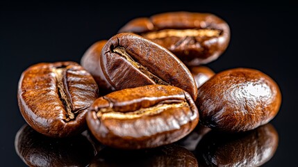 Obraz premium Roasted Coffee Beans Closeup Macro Photography Dark Background