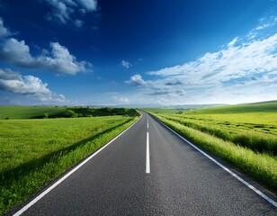 Fototapeta premium Endless road along green grassland background summer outdoors