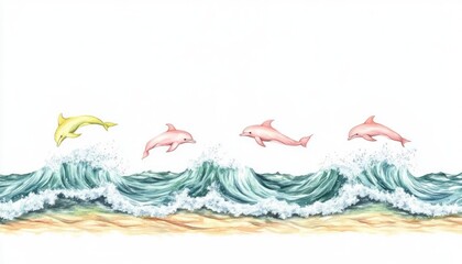 Playful dolphins leaping over ocean waves near sandy shore, capturing a vibrant marine scene