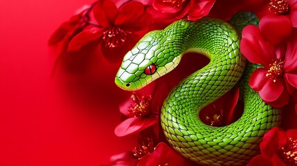 Fototapeta premium Emerald Serpent Amidst Crimson Blossoms: A Captivating Contrast of Nature's Beauty