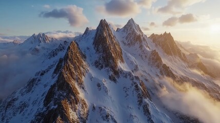 Obraz premium Aerial view of rugged, snow-capped mountains with sharp peaks, soft clouds drifting around the tops, and sunlight casting warm highlights on the snow.