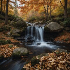 How does a waterfall look when surrounded by autumn foliage?