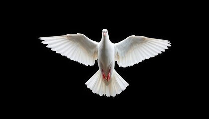 Obraz premium A white dove in flight against a black background, symbolizing peace.