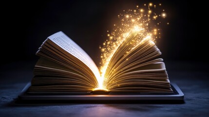 Open Book with Sparkling Light on Laptop Screen