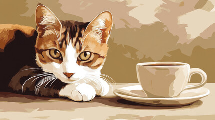 Calico Cat and Coffee: A charming calico cat with captivating amber eyes rests peacefully beside a steaming cup of coffee, creating a cozy and inviting scene.