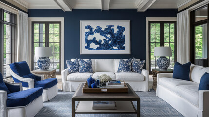 Fototapeta premium Coastal Blue Living Room: Serene coastal living room interior design showcasing a sophisticated color palette of navy blue and white. The room features a comfortable white sofa, blue accent chairs.