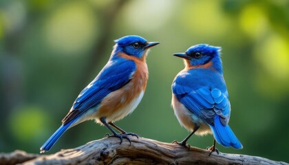 Obraz premium Two Bluebirds Perched on a Branch, Vibrant Colors