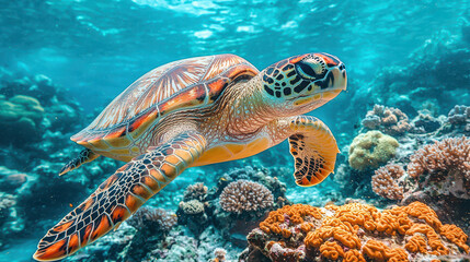 Fototapeta premium Sea Turtle in Coral Reef: A vibrant Hawksbill sea turtle gracefully glides through a breathtaking coral reef, showcasing its stunning shell patterns and the vibrant underwater ecosystem.&nbsp;