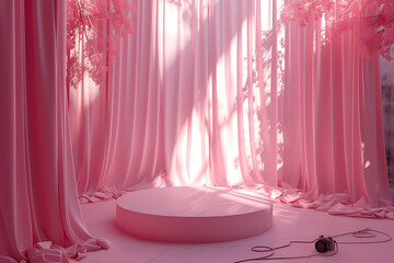 celebrity event setup, a light pink podium and sheer pink curtains are surrounded by paparazzi camera flashes