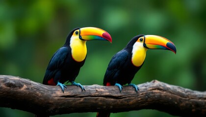 Obraz premium Two Colorful Toucans Perched on a Branch in a Lush Forest