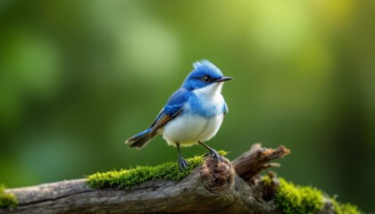 Naklejka premium Vibrant Blue Bird Perched on a Moss-Covered Branch