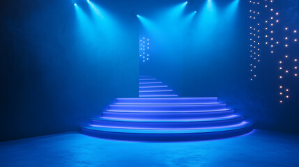 Illuminated Blue Stage with Circular Steps and Spotlights