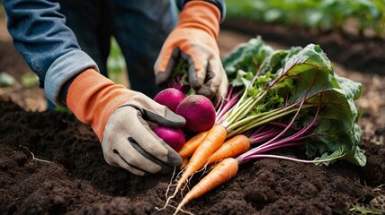 Farmer hands in gloves holding bunch of beetroot and carrot in garden. Harvesting organic fresh vegetables harvest