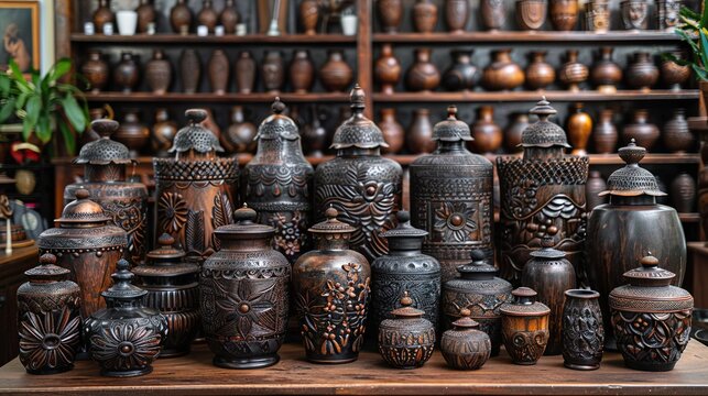 A detailed image of handcrafted wooden items with unique textures and finishes, such as artisanal bowls or bespoke furniture. HD 8K wallpaper Photographic Image