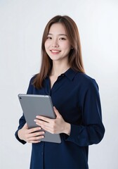 a young asian girl woman is holding a tablet with a happy face . a business woman . Ai generative 
