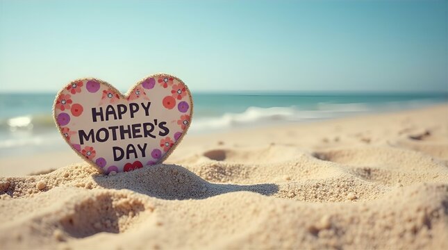 Happy Mother's Day Beach Heart Sign:  Pastel Floral Decorated Wooden Heart on Sandy Shore, Ocean Background