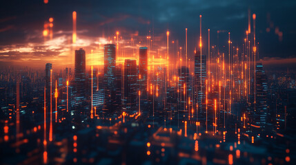 Fototapeta premium Futuristic Cityscape at Sunset with Glowing Digital Lines