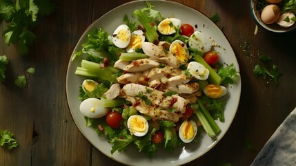 Organic chicken salad with celery eggs seasoned