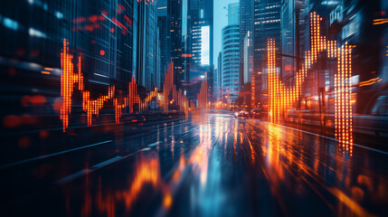 Obraz premium Dynamic Cityscape at Night, with Data Streams Reflecting on Wet Street