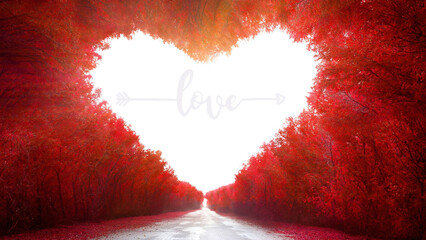Romantic Heart-Shaped Tunnel with Red Foliage and Love Typography