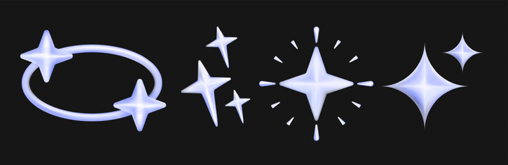 3d set Glowing blue chrome Twinkle Sparkle stars icon on a dark background. UI, branding, and digital design. High-quality star effects, futuristic aesthetics, illustration vector