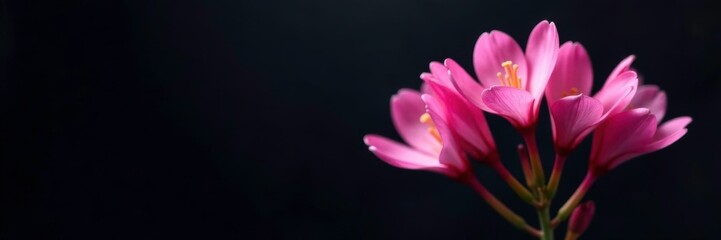 Fototapeta premium Delicate Genista pink flowers bloom on a dark and mysterious black background, nature, black, blossoms