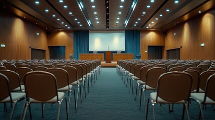 A large room with many chairs and a podium set up for a public event or seminar, ideal for conferences, corporate presentations, or event planning visuals requiring a professional setting.