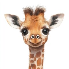 Obraz premium Adorable baby giraffe with large expressive eyes and distinctive spots, set against a clean white background
