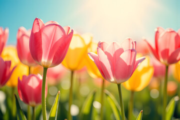 spring arrives with a revival of nature, as tulips bloom in the warm sunlight. The scene captures the beauty and renewal of the season, showcasing vibrant tulips amidst lush greenery and gentle warmth