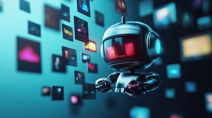 A sleek metallic 3D chatbot with floating image tiles in different color tones and styles, glowing softly, on a clean background