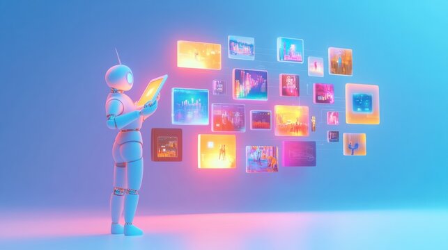 A modern 3D chatbot holding a glowing tablet with diverse image variations displayed in a creative layout, isolated on white