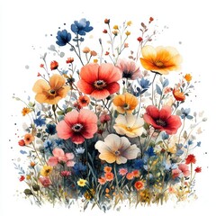 Vibrant watercolor illustration of a diverse flower garden with colorful blooms and delicate foliage