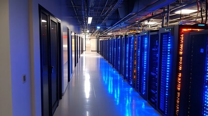 Fototapeta premium Illuminated Server Room Corridor: A Glimpse into the Digital Heart of Modern Technology