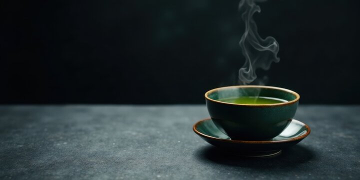 A steaming cup of green tea rests on a dark surface, creating a serene and calming atmosphere