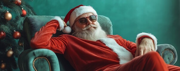 Santa relaxing in chair holiday season portrait festive room close-up