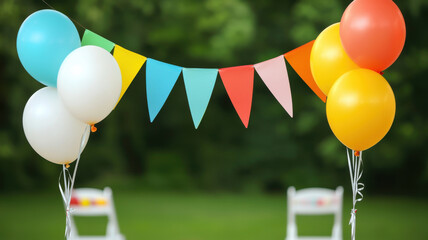 Happy birthday bunting themed, Colorful party decorations with balloons and bunting create festive atmosphere