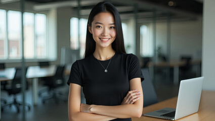 A professional portrait of a confident young woman in a modern office setting. She is wearing a sleek black outfit and a minimalist necklace, exuding elegance and professionalism