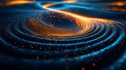 Abstract swirling energy with glowing particles and dark blue background