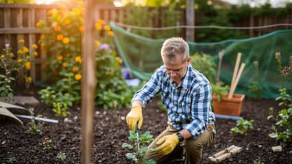 Fototapeta premium Mature Man Gardening, Cultivating Plants in Backyard Garden