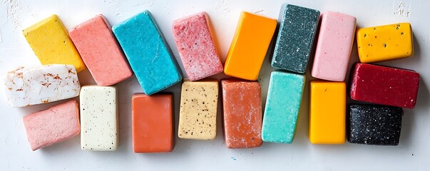 Colorful artisan soap display market stall photography bright setting top view