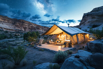 Canyon camp equipped with satellite communication under the starry sky