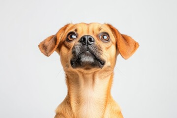 Obraz premium A close-up portrait of a curious small dog looking upward against a plain background, showcasing its expressive features
