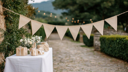 Happy birthday bunting themed, Elegant burlap bunting decorates festive outdoor setting with gifts
