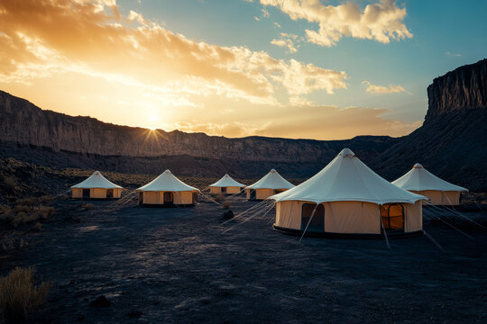 Craters rim lined with sleek coworking spaces under a vibrant sunset sky