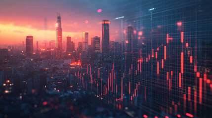 Fototapeta premium Vibrant Cityscape at Sunset with Dynamic Financial Data Overlay