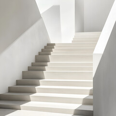 Sunlit Staircase: Modern minimalist architecture, showcasing a clean, bright staircase bathed in sunlight. The image evokes a sense of calm and serenity.