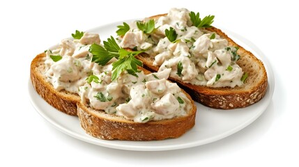 Delicious Chicken Salad Sandwiches on Toasted Bread isolated on white background