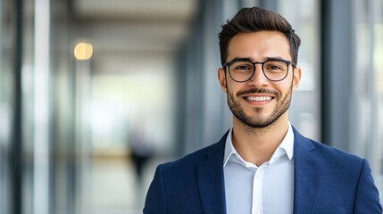 Naklejka premium A confident man in glasses smiles warmly, wearing a stylish blazer, in a modern office environment filled with natural light.