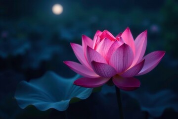 Delicate lotus petals unfolding at full moon night, bloom, lunar, flower